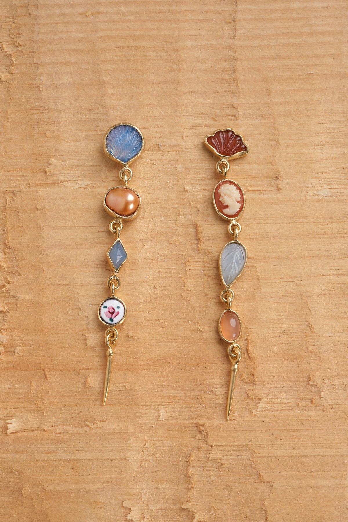 Four Charm Victorian Drop Earrings: Peach Moonstone