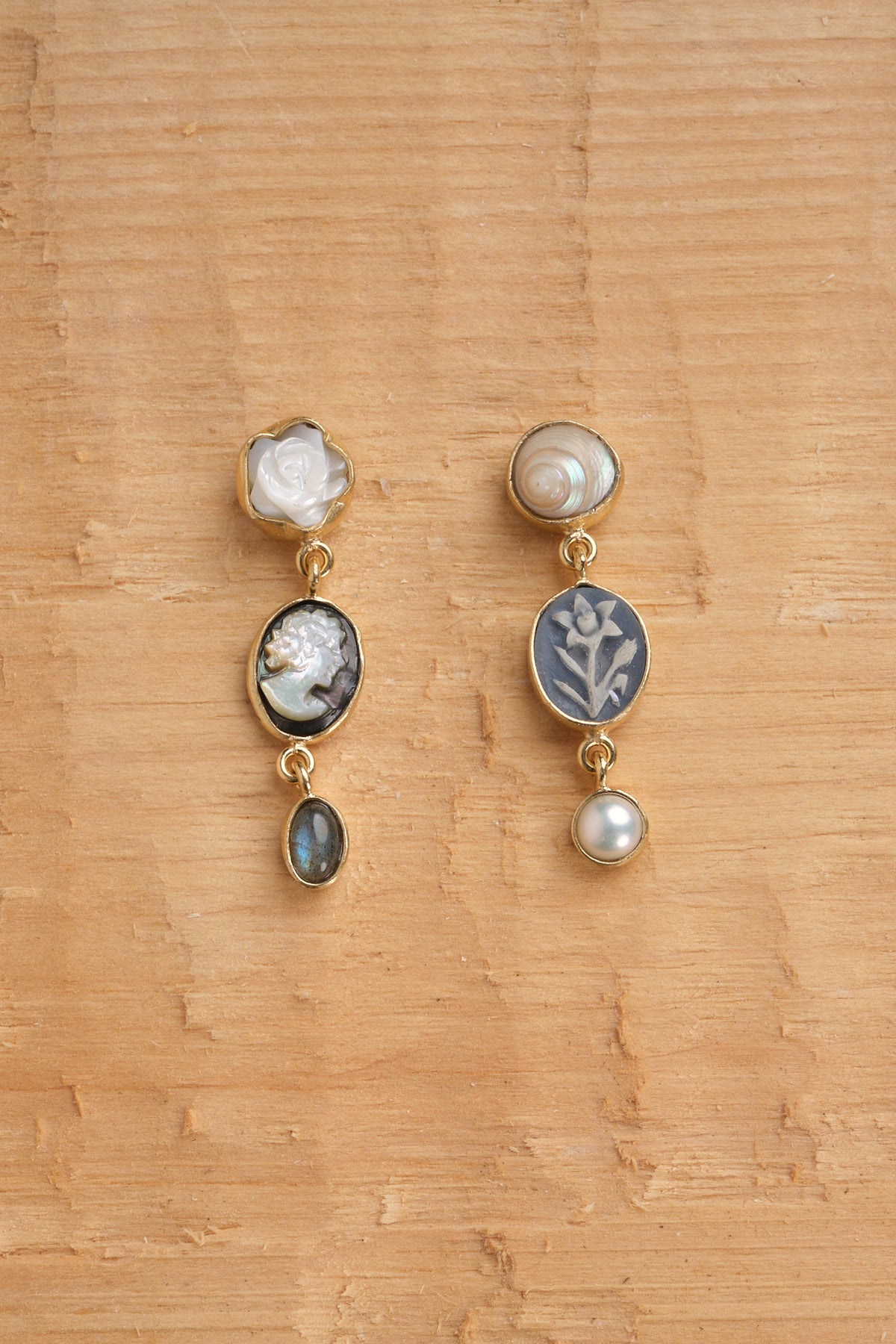 Three Charm Moving Drop Earrings: Labradorite