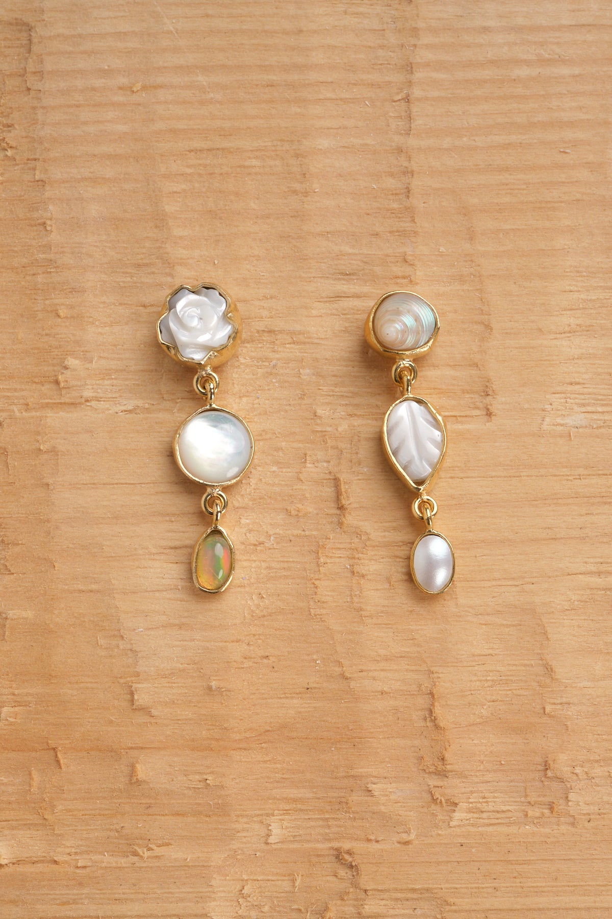 Three Charm Moving Drop Earrings: Mother of Pearl