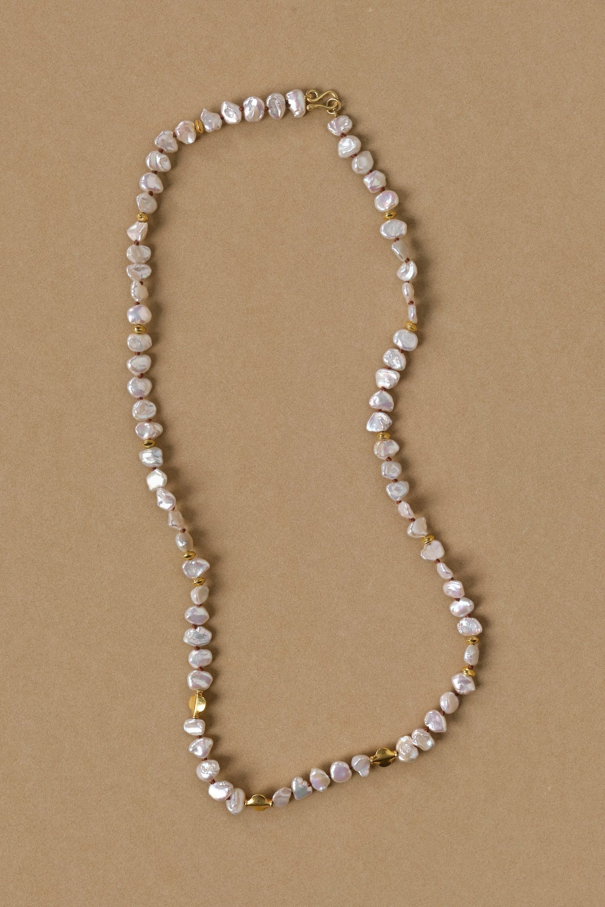White Flat Keshi Pearls & 18k Gold Necklace