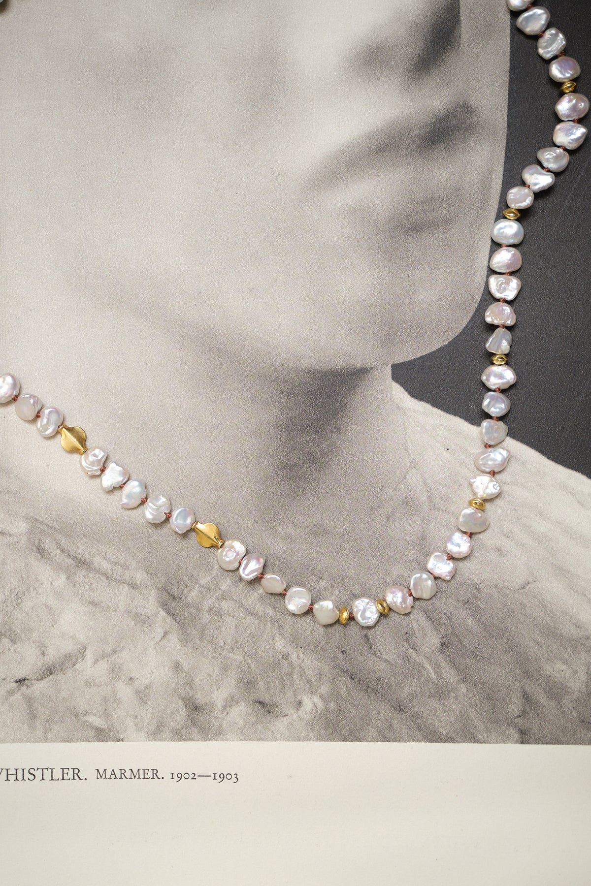White Flat Keshi Pearls & 18k Gold Necklace