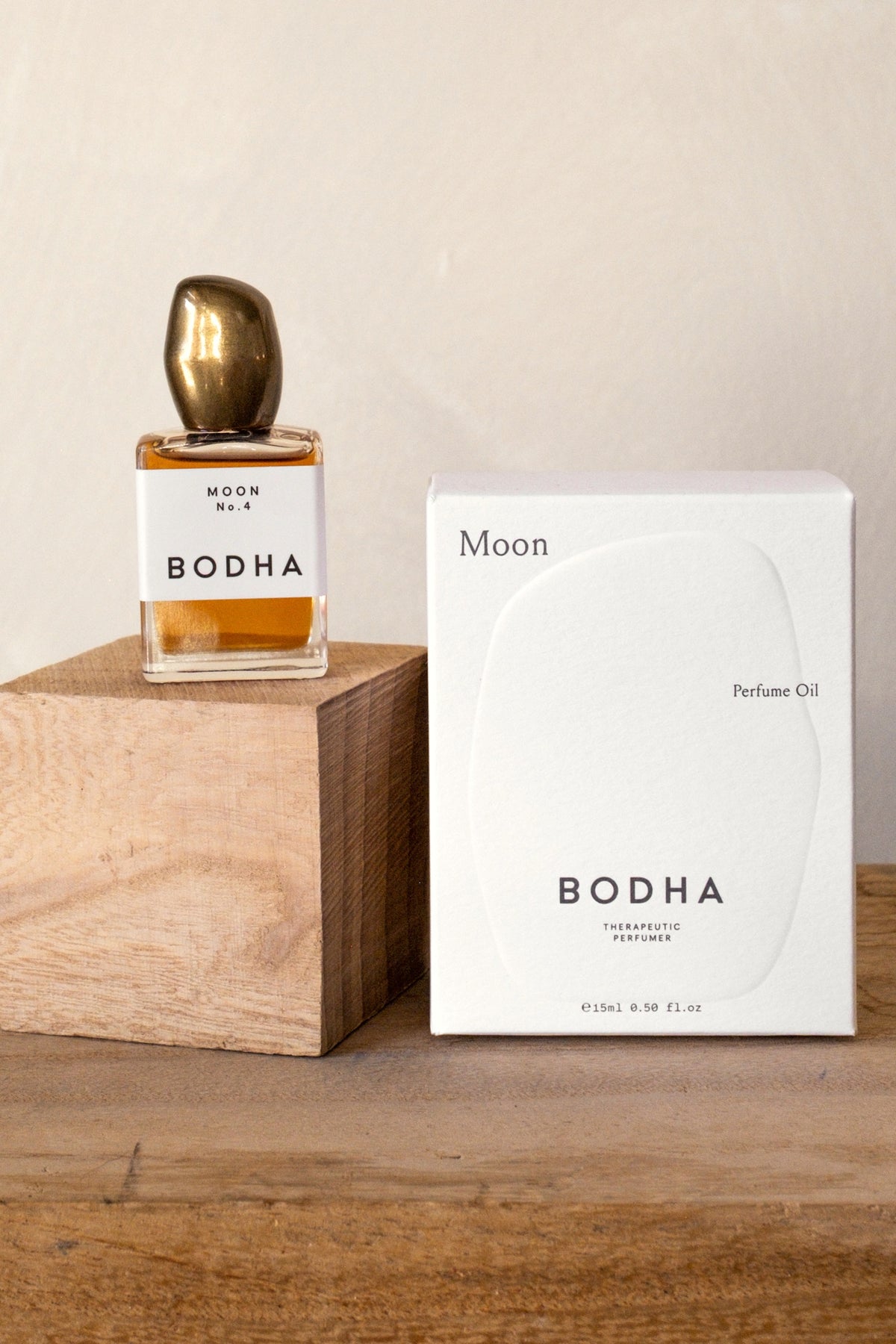 Bodha Moon perfume oil with box on a wood block