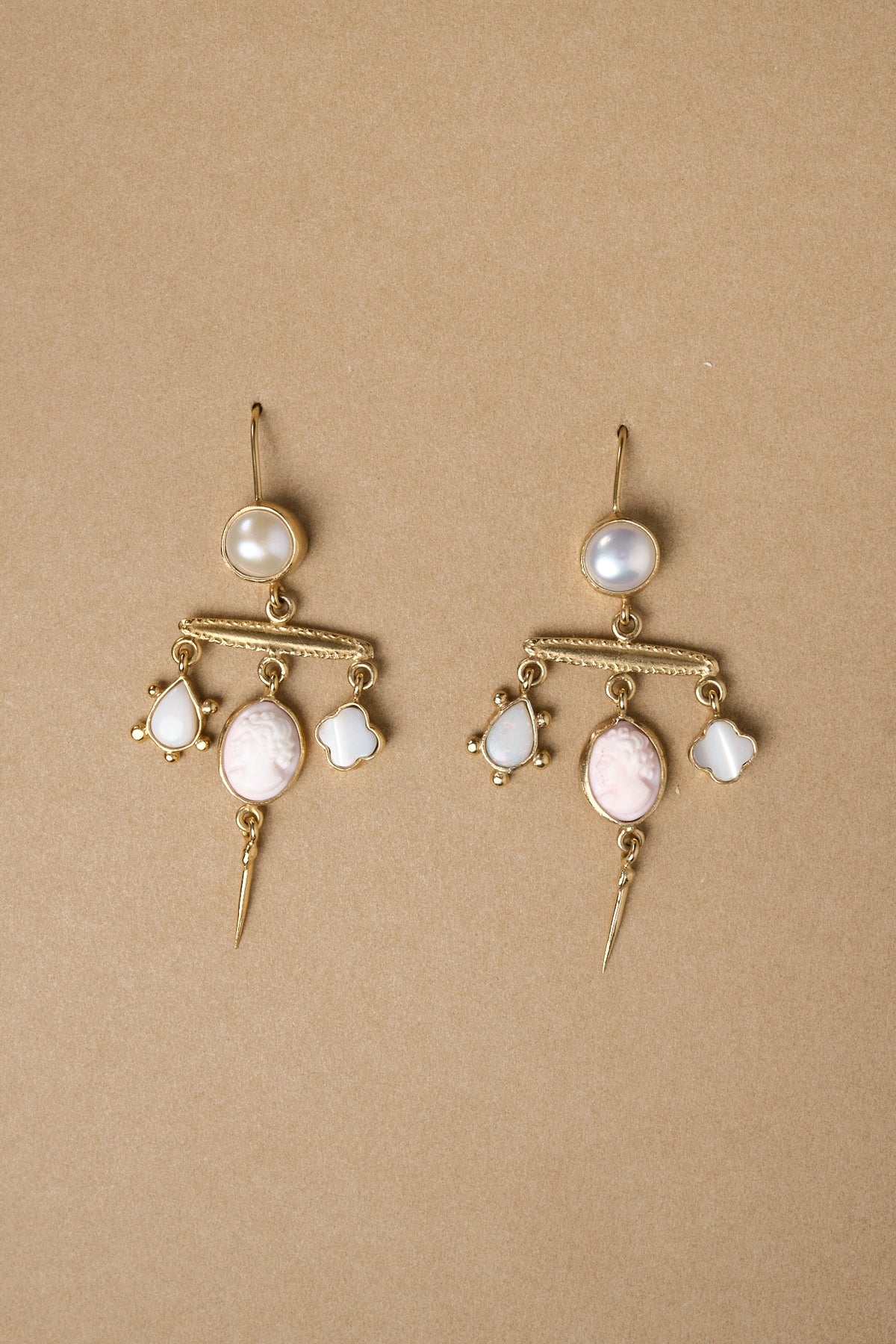 Grainne Morton Victorian Pin Drop Earrings, mother of pearl and cameo