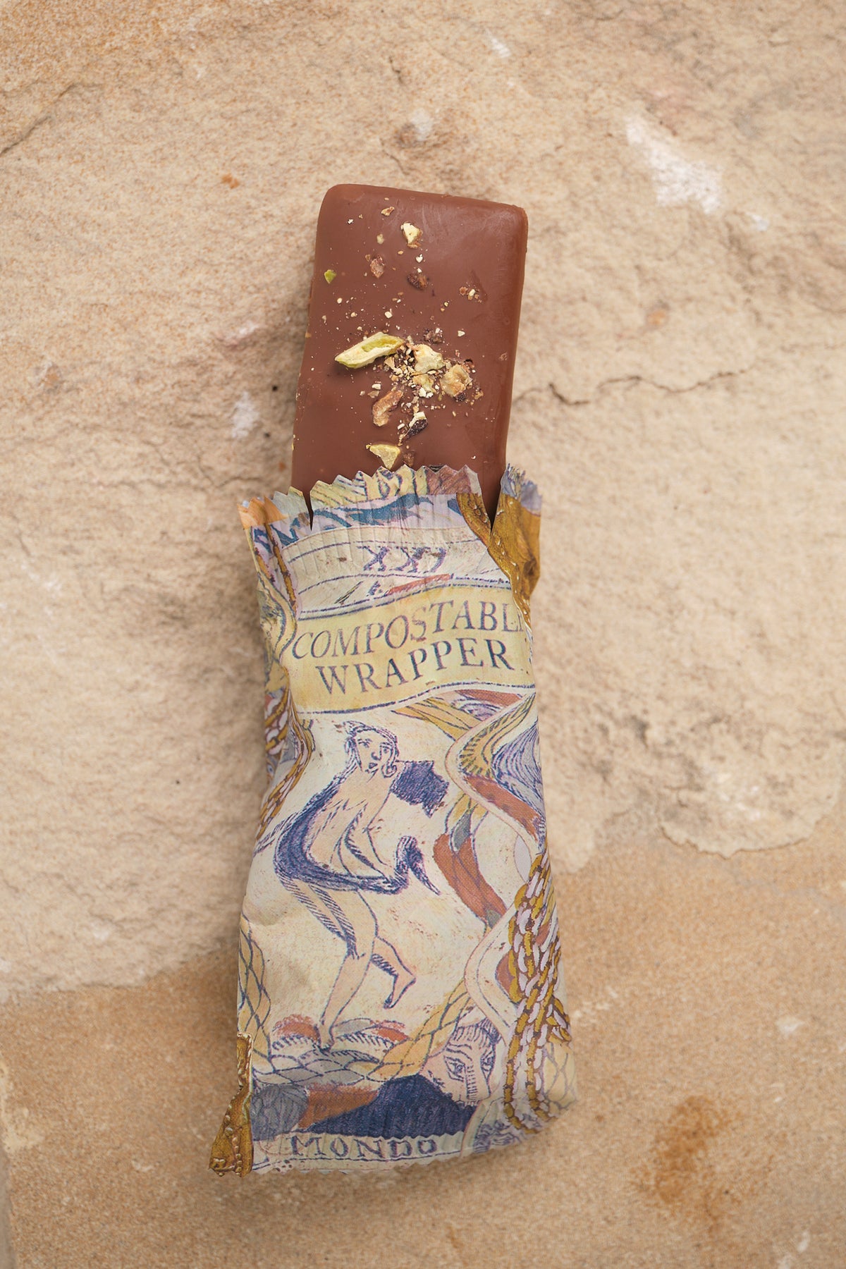 Loco Love Pistachio Mylk Praline bar in compostable wrapper