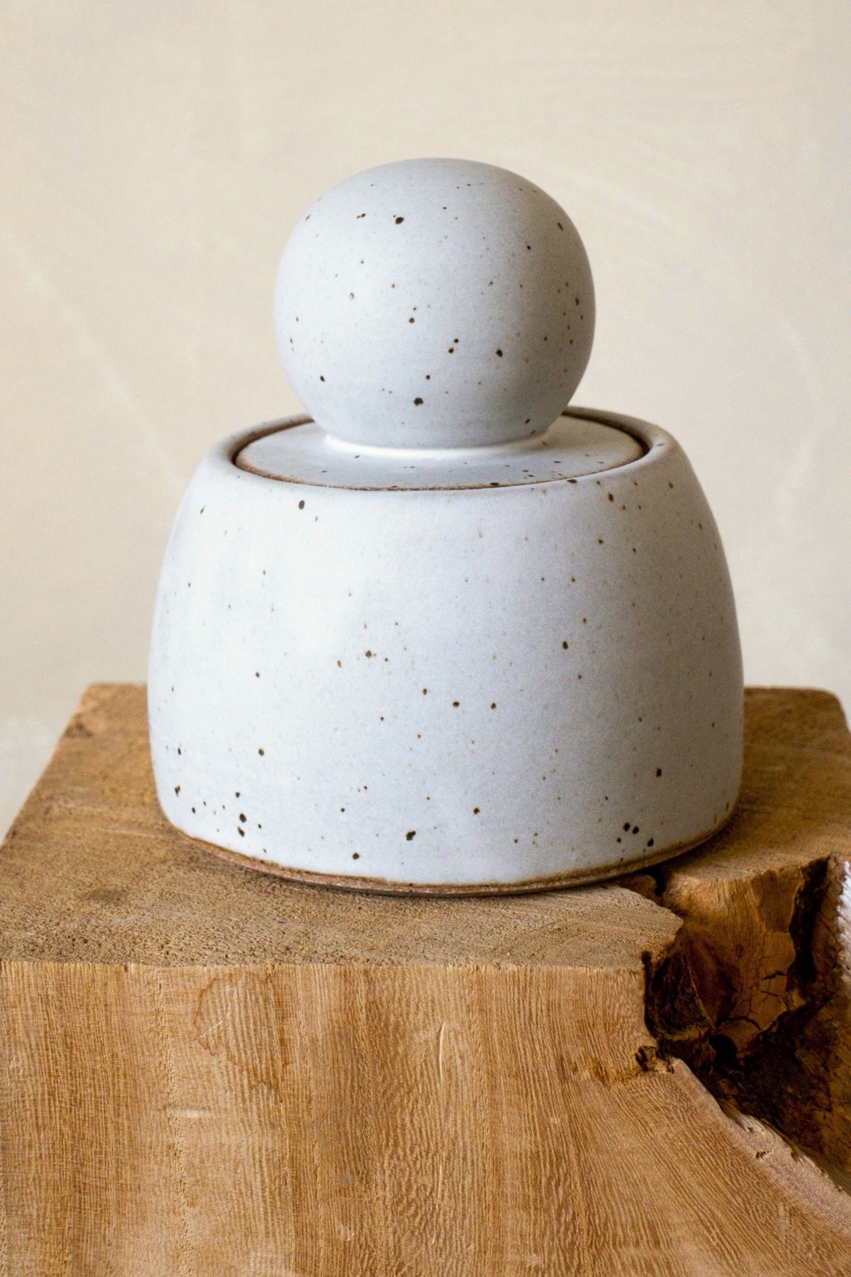 MH Studio Alabaster Stash Jar, Medium, on a wood block