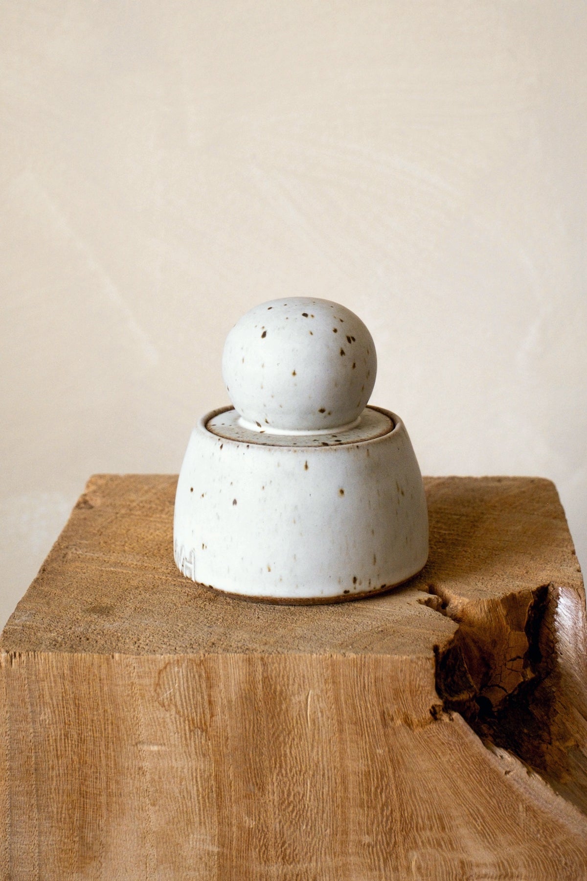 MH Studio Alabaster Stash Jar, Mini, on a wood block