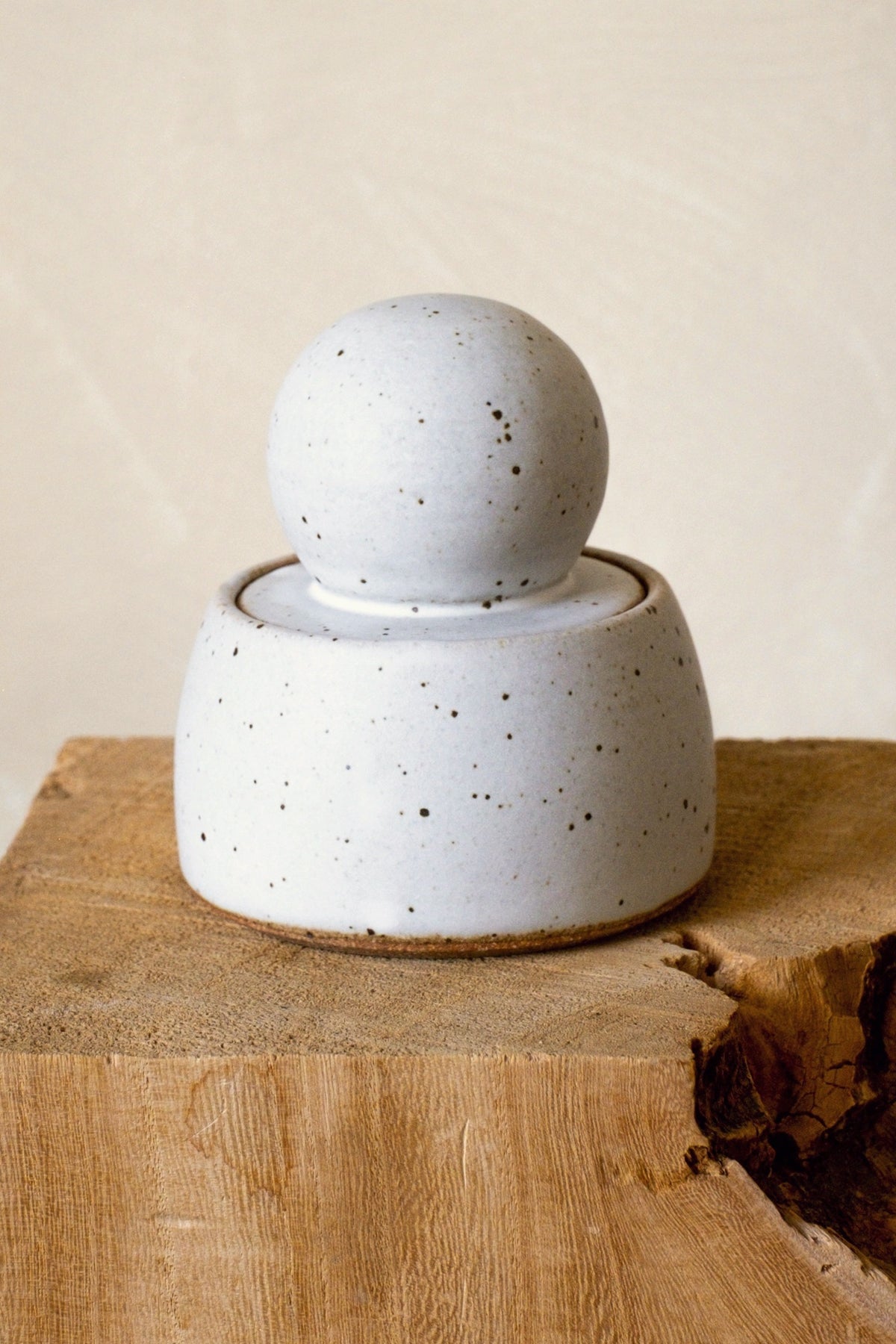 MH Studio Alabaster Stash Jar, Small, on a wood block