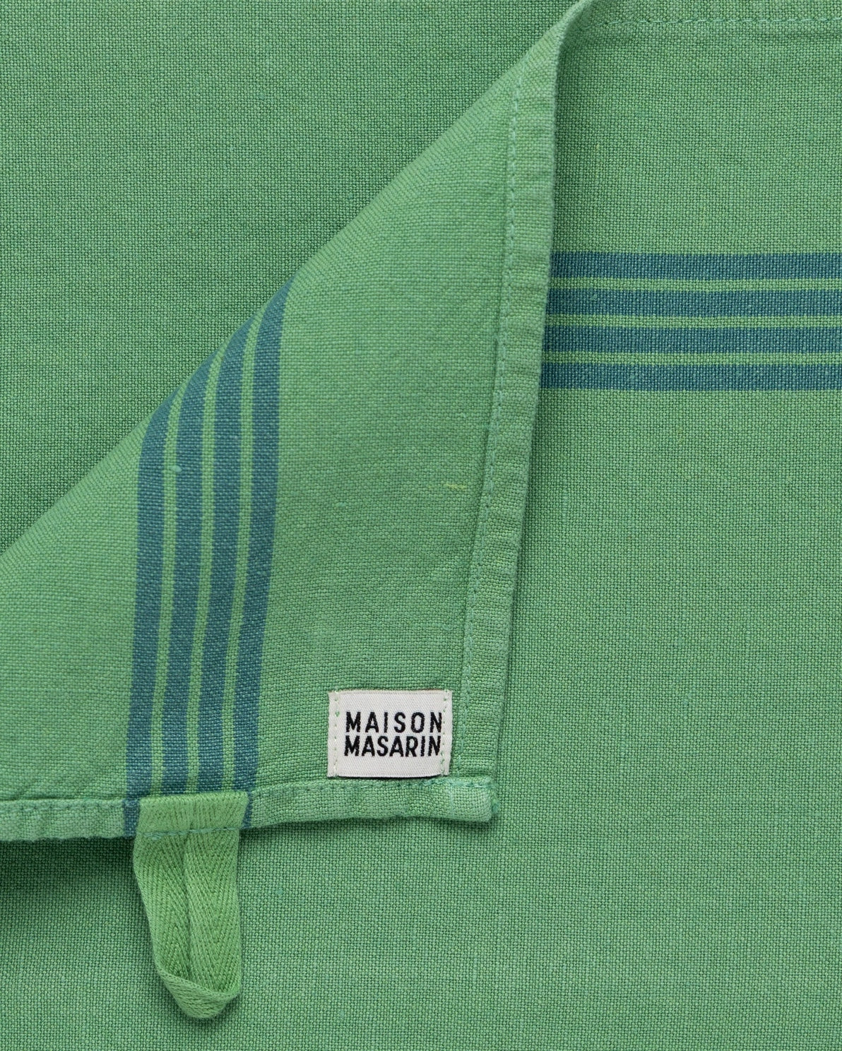 Maison Masarin nature green tea towel blue stripe detail
