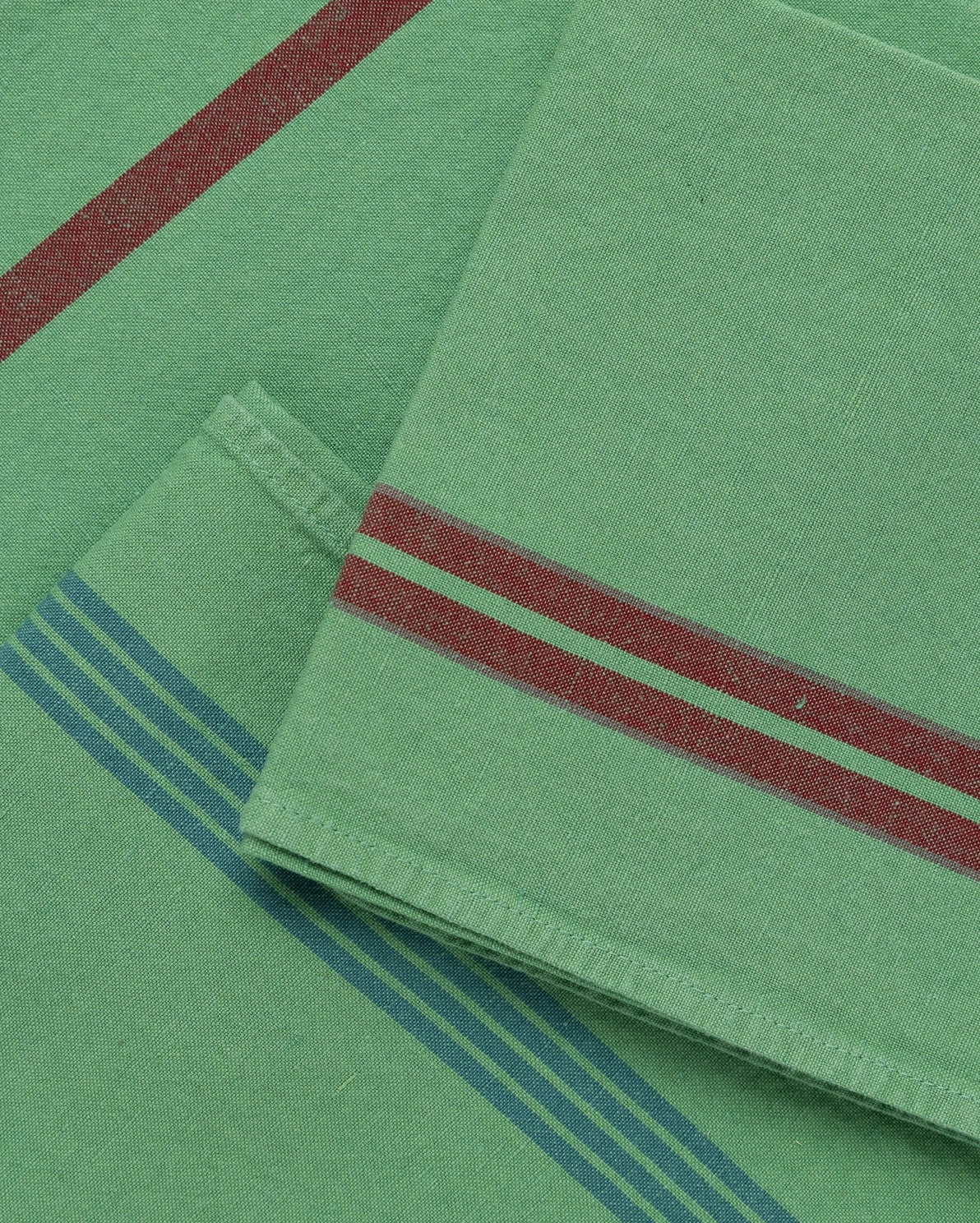 Maison Masarin nature green tea towels, red and blue stripes