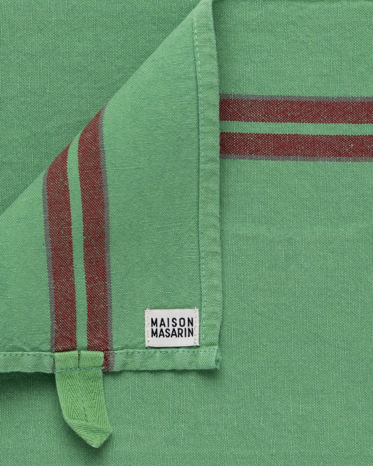 Maison Masarin nature green tea towel red stripe detail