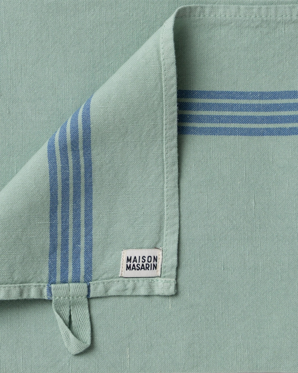 Maison Masarin verveine tea towel blue stripe detail